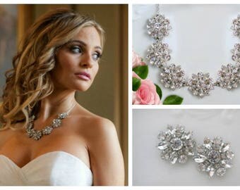 Wedding Jewelry Set, Bridal Necklace earring set, Crystal statement necklace, matching earrings, silver Bridal jewelry earring necklace set