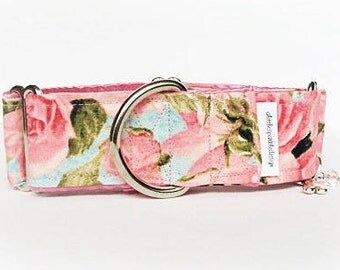 ALITTLESPARKLEDESIGN Milady Martingale Collar (dog collar, greyhound martingale, rose vintage green pink flower cotton satin Victorian)