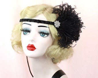 Flapper Headband, Great Gatsby Headpiece, Black Feather Hair Accessory, Feather Fascinator, 1920's Flapper, Silver Headband