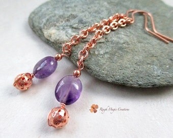 Amethyst February Birthstone Earrings, Purple Stone Earrings, Long Dangle Shoulder Dusters Gemstone Drops Copper Chain Earrings Gift for Her