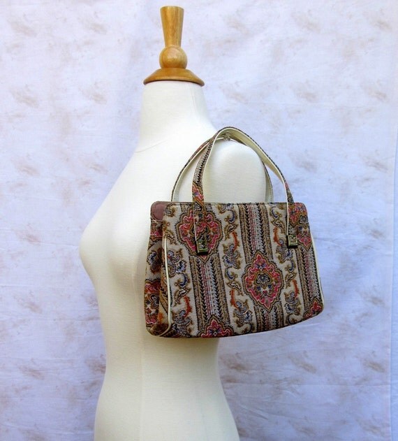 Items similar to Small Fabric Purse, Striped Floral Jacquard Tapestry ...