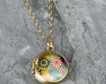 Tiny Colorful Flowers Locket, 14kt Gold Filled Chain, Pink and Yellow, Blue Floral, Miniature Pendant, Small, Photo Jewelry, Silver Locket