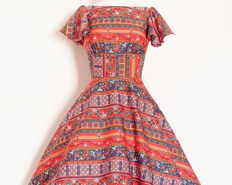 70's Aztec Floral Cotton Tea Dress - Made by Dig For Victory