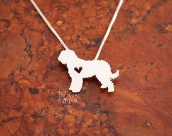 Goldendoodle necklace, sterling silver hand cut pendant, with heart, tiny dog breed jewelry