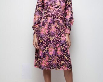 vintage 70s bow dress shirtwaist pleated floral print purple pink knee length Medium M