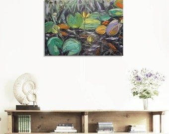 Yellow water lilies - lily Original green impressionism Floral Oil Painting Canvas Palette Knife gallery fine art ready hang impasto water