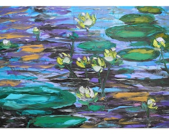Blue pond - lily Original green impressionism Floral Oil Painting Canvas Palette Knife gallery fine art ready hang impasto water