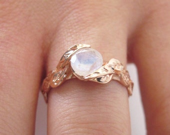 Leaf Ring With Moonstone, Rose Gold Moonstone Ring, Rose Gold Moonstone Leaf Ring, Rose Gold Leaves Ring, Rose Gold Nature Engagement Ring