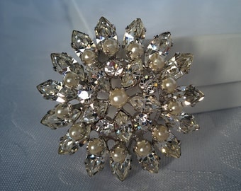 Vintage Austrian Crystal and Pearl Brooch - Marked Austria