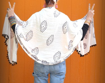 Good JuJu Evil Eye, Hamsa & Om Block Print Scarf : Pom Pom Trim, Black, Red, White, Large Scarf, Yoga, Boho Style, Positive Vibes, Good Luck