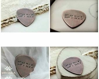 Personalized Coordinate Guitar Pick, Custom Coordinates, Copper Guitar Pick
