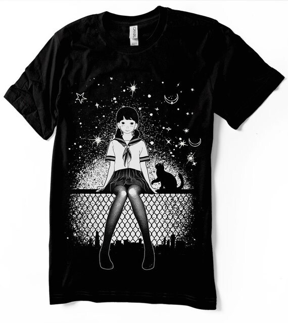 Anime Tshirt Manga Girl Shirt Japanese School Girl cat tee