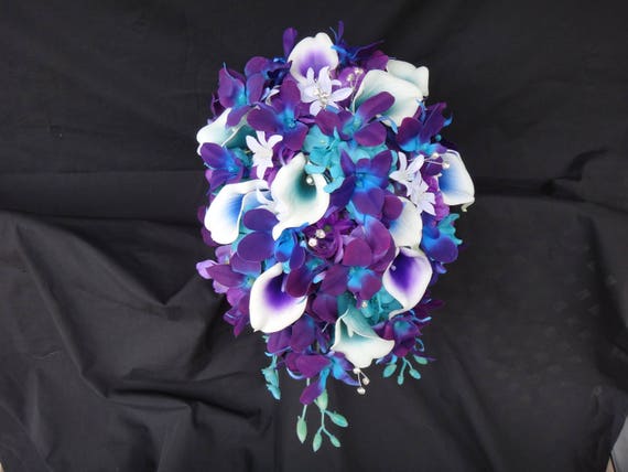 Galaxy orchid bridal bouquet purple blue island orchid