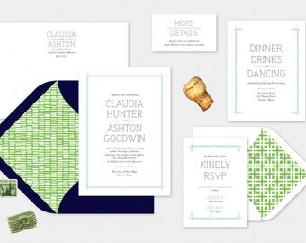 Nautical Wedding Invitations. Classic Navy Blue & Green Wedding Invites. Coastal Wedding Stationery in Green + Navy. Summer Wedding Invites.