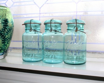 3 Vintage Blue Ball Ideal Mason Jars Quarts 1923 to 1933