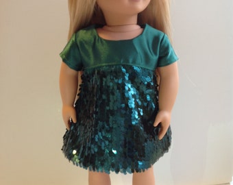 Green sequin dress, 18 inch doll dress, short sleeve doll dress, special occasion doll clothes