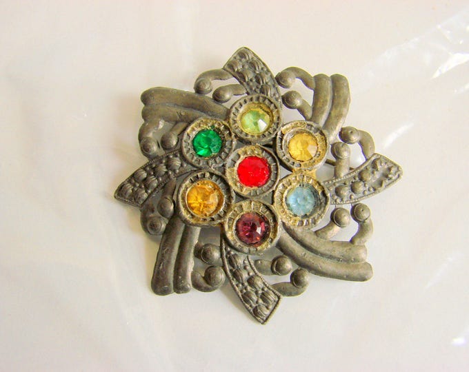 1930s Art Deco Floral Rhinestone Pot Metal Brooch Vintage Jewelry Antique Jewellery