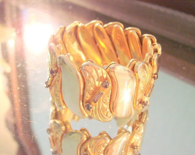 Victorian Revival Embossed Repousse Gold Plate Rhinestone Expansion Bracelet / 1930s 1940s / Vintage Jewelry / Jewellery