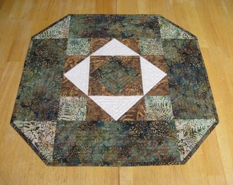 Quilted Table Topper, Green and Brown Batik with Cream FREE SHIPPING