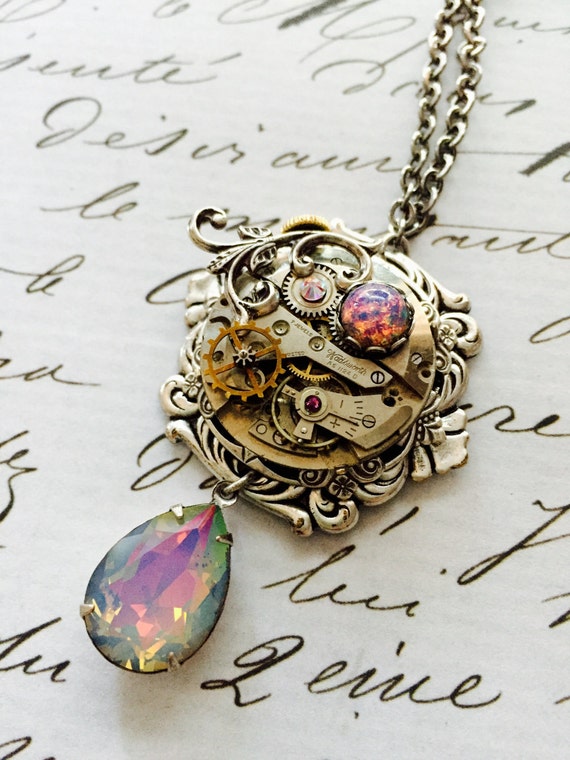 Downtown Abbey Inspired/Steampunk/Gothic Silver Victorian Clock Pendant, Pink/Purple Swarovski Crystal by DuangkamolWeston steampunk buy now online