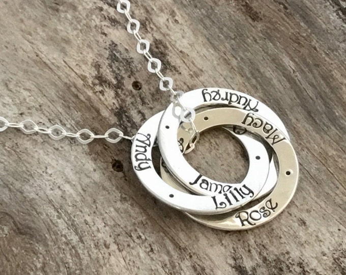 Sterling Silver Circle Name Necklace - Hand Stamped Names - Personalized Necklace - Interlocking Circles - 3 Rings