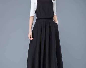 linen pinafore dress, black long suspender dress, linen dress women,overall dress, long linen dress, linen dress girl, long dress C1053
