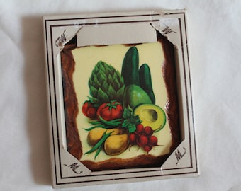 Vintage 70's Laquered Rustic Wood Plaque Vegetables ~New in Box~