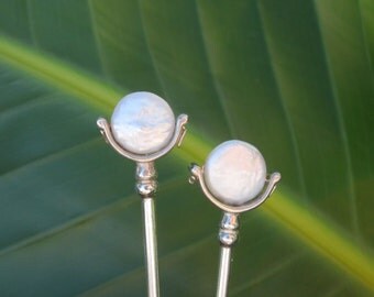 Two Sterling Silver Hair Sticks ~ White Coin Pearls ~ An elegant heirloom of simple classic design