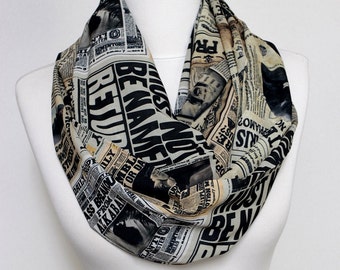 Harry Potter Scarf Newspaper Pattern Scarf Book Scarf Infinity Scarf Geek Gift Fall Winter Fashion Unique Gift For Her Nerds Geeky Item