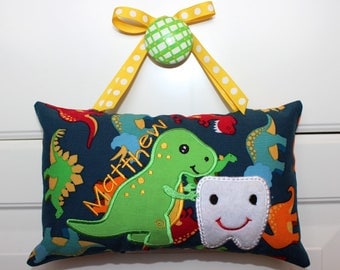 Tooth Fairy Pillow, Boy's Personalized Tooth Fairy Pillow, Dinosaur fabric, free note from tooth fairy included