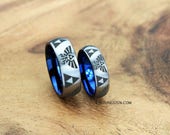 6MM And 8MM Brushed Silver Tungsten LEGEND Of ZELDA Wedding Set With - Blue Interior, FREE Inside Engraving
