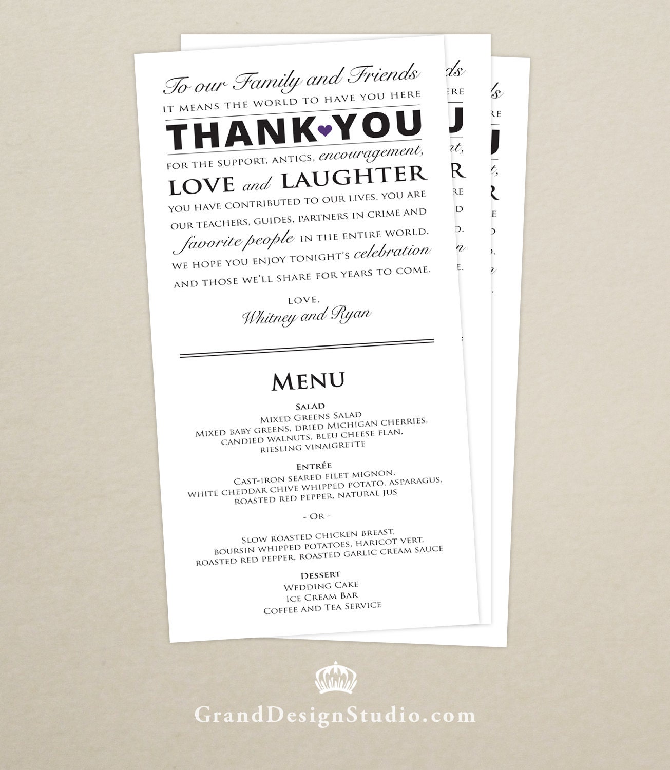 Wedding Reception Menu And Thank You Card Combo Wedding Menu