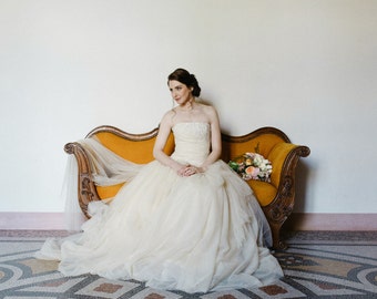 Champagne wedding dress in tulle and lace, beige strapless wedding dress, lace and tulle wedding gown, corset wedding dress