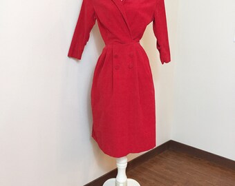 1940s Vintage Dress / 40s Red Dress / Red Corduroy / Fitted Dress