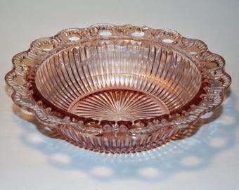 Old Colony Pink Depression Glass Vegetable Bowl Open Lace Rim Ribbed Sides 1930s Hocking