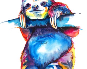 Colorful SLOTH Art - Print of original watercolor painting - bright rainbow decor
