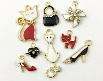 8 charms collection gold tone and enamel,15mm to 36mm #ENSA 150