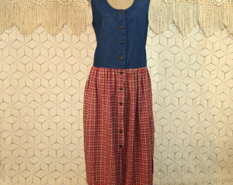 Womens Jumper Dress Large Denim + Red Plaid Button Up Dress Pockets Casual Dress Midi Cotton Dress Womens Dresses Womens Clothing