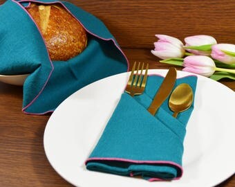 Teal Linen Dinner Napkins, set of 4 // Linen Napkins // Easter Napkins // Wedding Napkins // Surged Edge Napkins