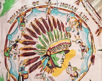 Art Deco 50's Native American Theme Scarf Hand Rolled Made in Japan Rayon and Silk American Indian Headdress