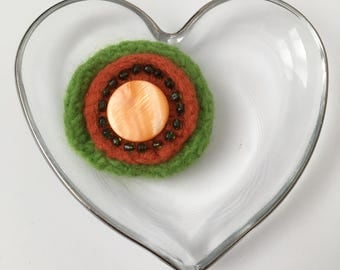 Flower Felt Brooch, Orange and Green with Beads and Button
