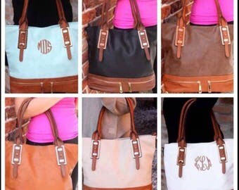 Sale!!! Two Tone Monogram Purse, Personalized Handbag, PU Leather Tote, Monogrammed Shoulder Bag, Custom Birthday Gift,
