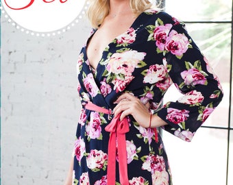 Cotton Bridesmaid Robes, Floral Dressing Gowns SET OF 3, 5, 6, 10, Blue Floral Bridal Party Kimono Dressing Gown, Soft Viscose Wedding Robes