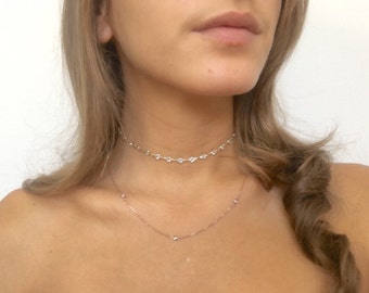 EVELYN White Beaded Choker, Bead Choker, Delicate Choker, Beaded Chain Choker, Dainty Choker, Dainty Necklace, Elegant Choker, Layered