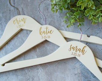 Personalized Bridesmaid Hangers, Gold Wooden Wedding Hangers, Bride Hanger, Wedding Dress Hanger, Gold and Ivory