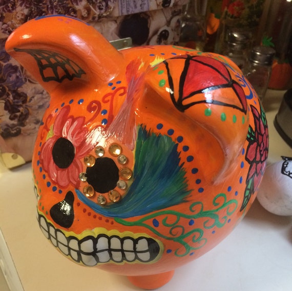 Handpainted sugar skull piggy bank