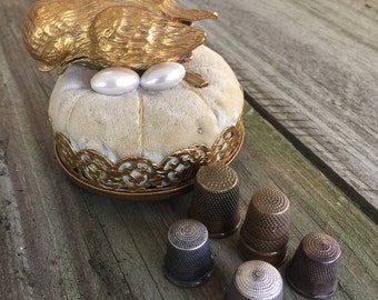 Vintage golden bird pin cushion and vintage thimble vintage sewing notions