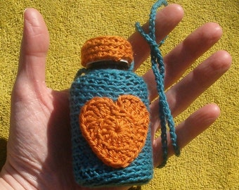 Denim Crochet Upcycled Plastic Bottle w Pumpkin Heart and Cap - Totem Pouch Medicine Bag Talisman Jewelry Necklace Amulet - Hippie Fashion