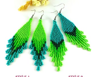 Beaded earrings Green dangle earrings Green beaded jewelry Long green earrings Seed bead earrings Fringe earrings Beadwoven earrings