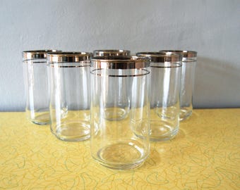 Vintage 1960s Tumblers w/ Silver Bands (Set of 6) / Silver Rim Glasses / Mad Men Barware